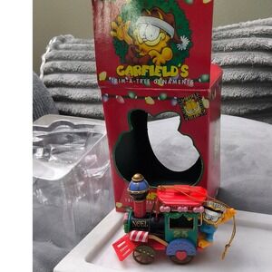 Vintage 1996 PAWS GARFIELD Christmas Trim-A-Tree Ornament w/ Box Train Engine